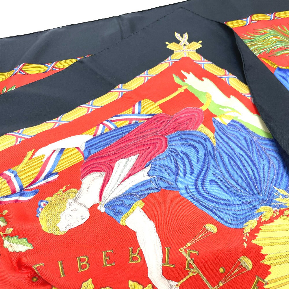 HERMES scarf 100% silk Black x red Carre90 LIBERTE EGALITE FRATERNITE REPUBLIQUE FRANCAISE Women Used Authentic