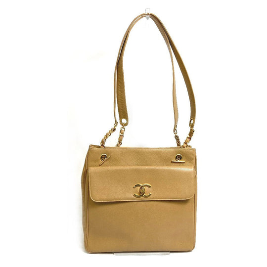CHANEL Shoulder Bag Caviar skin beige CC COCO Mark Chain Tote Bag Women Used Authentic