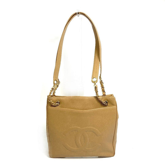 CHANEL Shoulder Bag Caviar skin beige CC COCO Mark Chain Tote Bag Women Used Authentic