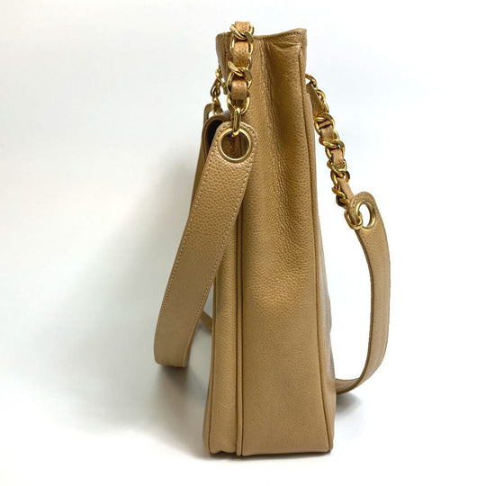 CHANEL Shoulder Bag Caviar skin beige CC COCO Mark Chain Tote Bag Women Used Authentic