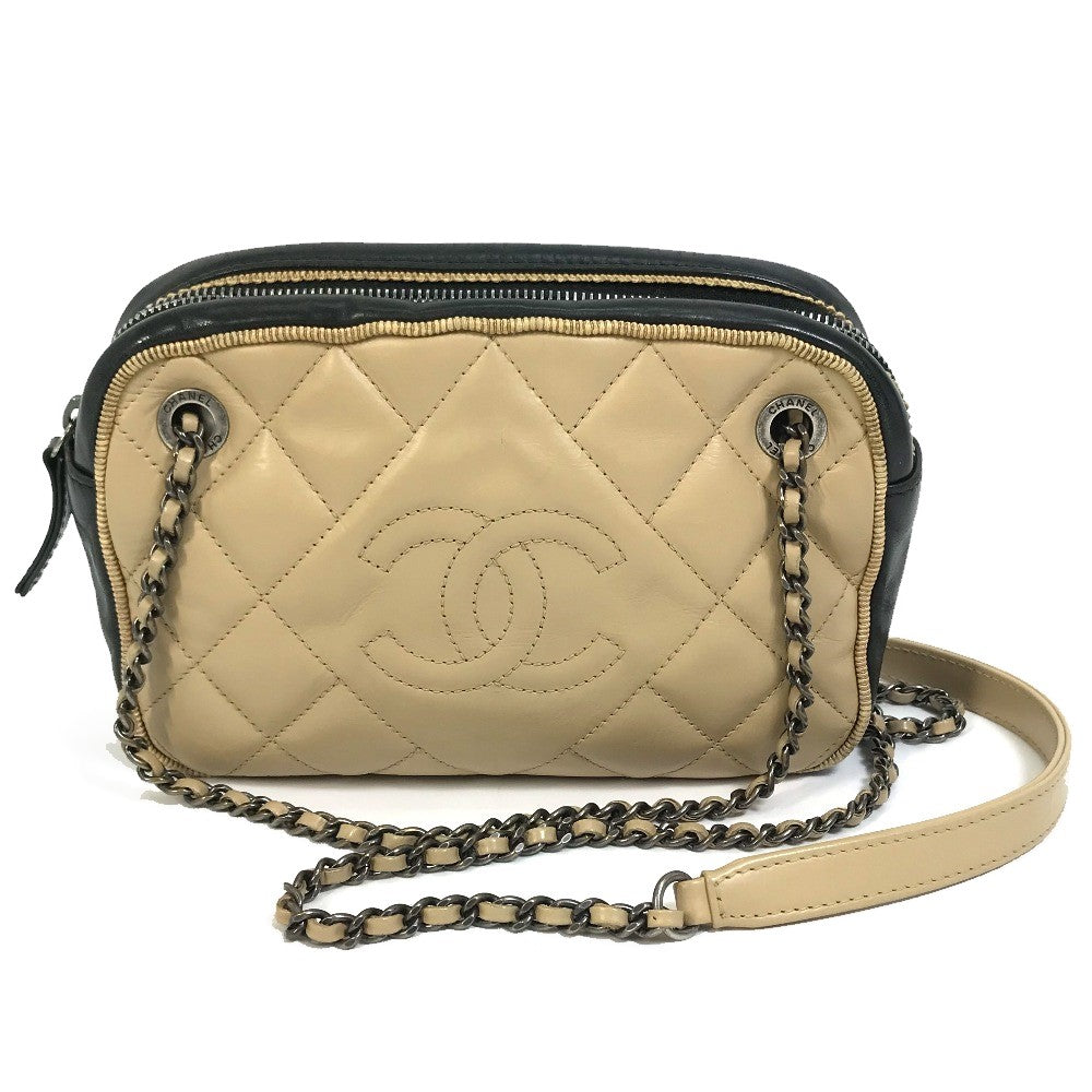 CHANEL Shoulder Bag Calf leather Beige x black CC COCO Mark ballerine Women Used Authentic