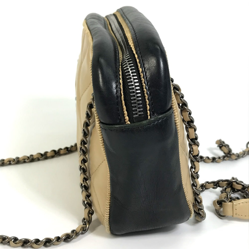 CHANEL Shoulder Bag Calf leather Beige x black CC COCO Mark ballerine Women Used Authentic