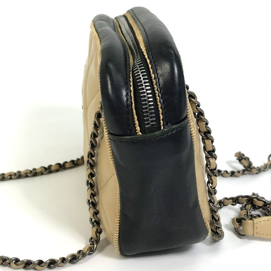 CHANEL Shoulder Bag Calf leather Beige x black CC COCO Mark ballerine Women Used Authentic