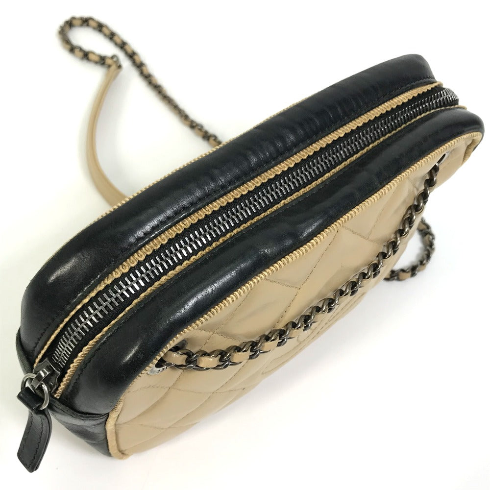 CHANEL Shoulder Bag Calf leather Beige x black CC COCO Mark ballerine Women Used Authentic
