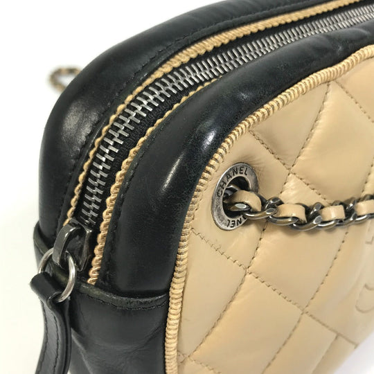 CHANEL Shoulder Bag Calf leather Beige x black CC COCO Mark ballerine Women Used Authentic