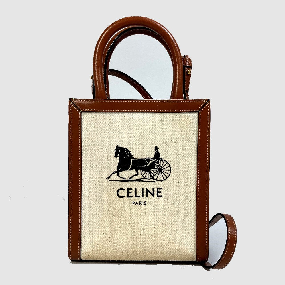 CELINE Shoulder Bag 193302DCI.02NT Canvas / leather beige Carriage Vertical hippo mini Women Used Authentic