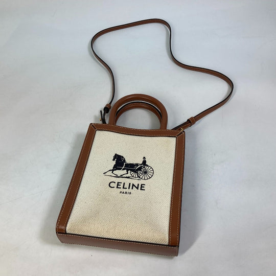 CELINE Shoulder Bag 193302DCI.02NT Canvas / leather beige Carriage Vertical hippo mini Women Used Authentic