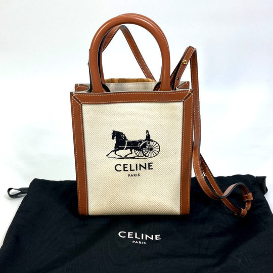 CELINE Shoulder Bag 193302DCI.02NT Canvas / leather beige Carriage Vertical hippo mini Women Used Authentic