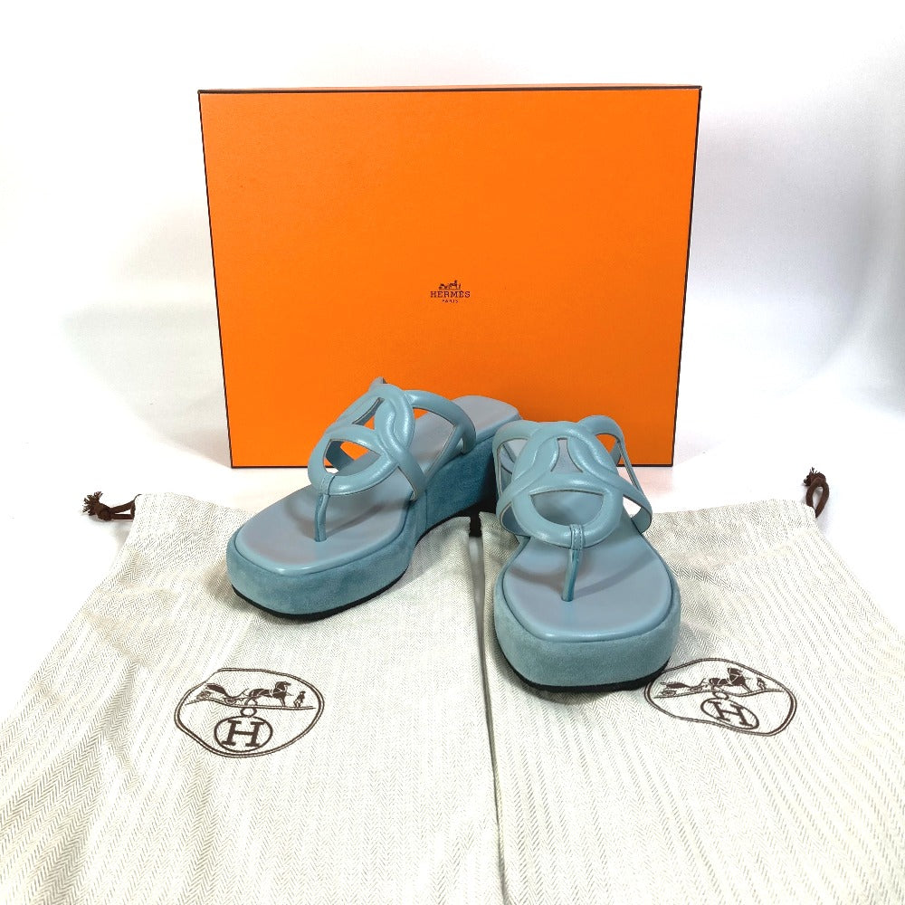 HERMES Sandals Suede / leather Light blue Platform sole Gypsy Women 38 Used Authentic