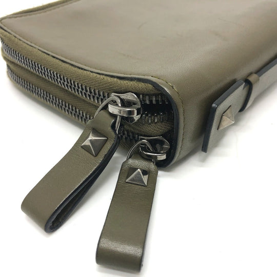 Valentino Garavani Long Wallet Purse leather khaki Rock studs double zip fastener mens Used Authentic