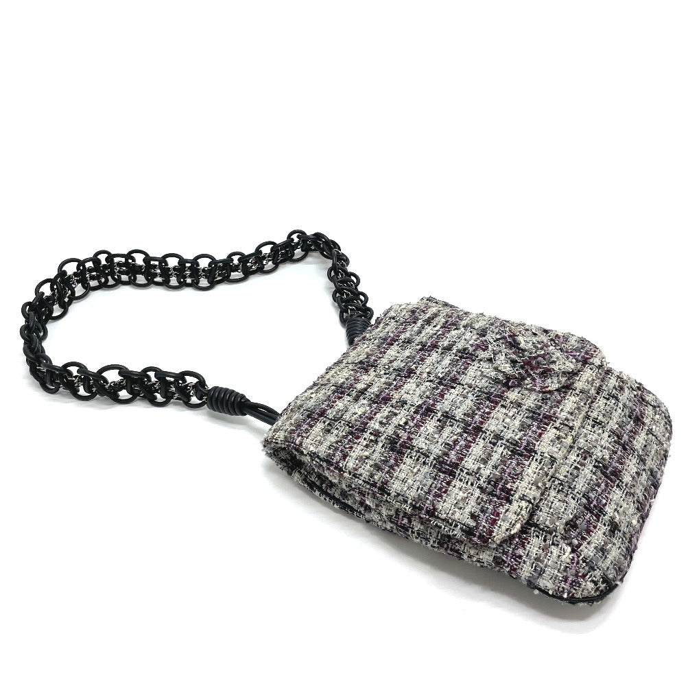 CHANEL Shoulder Bag tweed gray Camelia flap Women Used Authentic