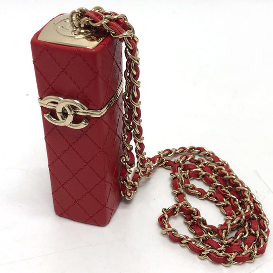 CHANEL Shoulder Bag leather Red COCO Mark CC Lip case Women Used Authentic