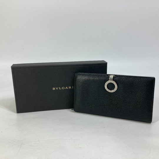 BVLGARI Long Wallet Purse leather black Bulgari Bulgari Logo clip mens Used Authentic
