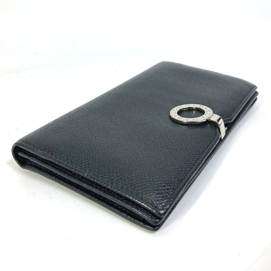 BVLGARI Long Wallet Purse leather black Bulgari Bulgari Logo clip mens Used Authentic