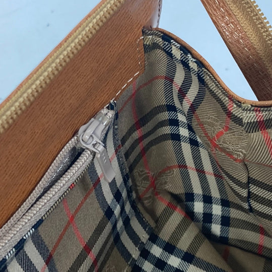 BURBERRY Handbag leather Brown logo Inner check Women Used Authentic
