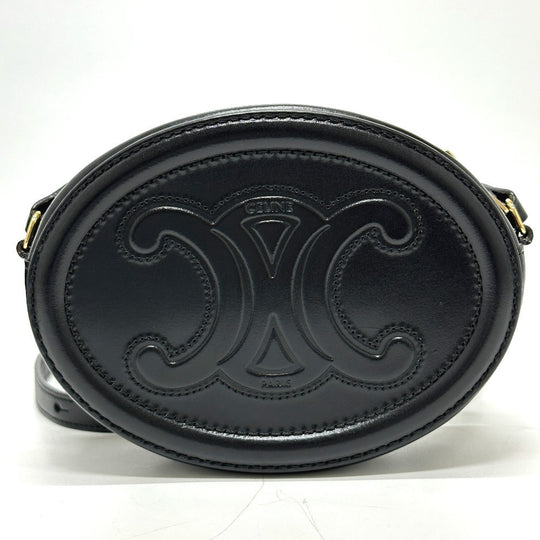CELINE Shoulder Bag leather black Triomphe Oval Purse Cuir Women Used Authentic
