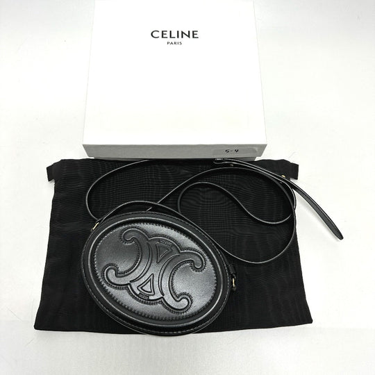 CELINE Shoulder Bag leather black Triomphe Oval Purse Cuir Women Used Authentic