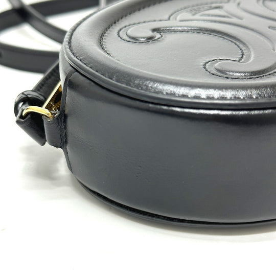 CELINE Shoulder Bag leather black Triomphe Oval Purse Cuir Women Used Authentic