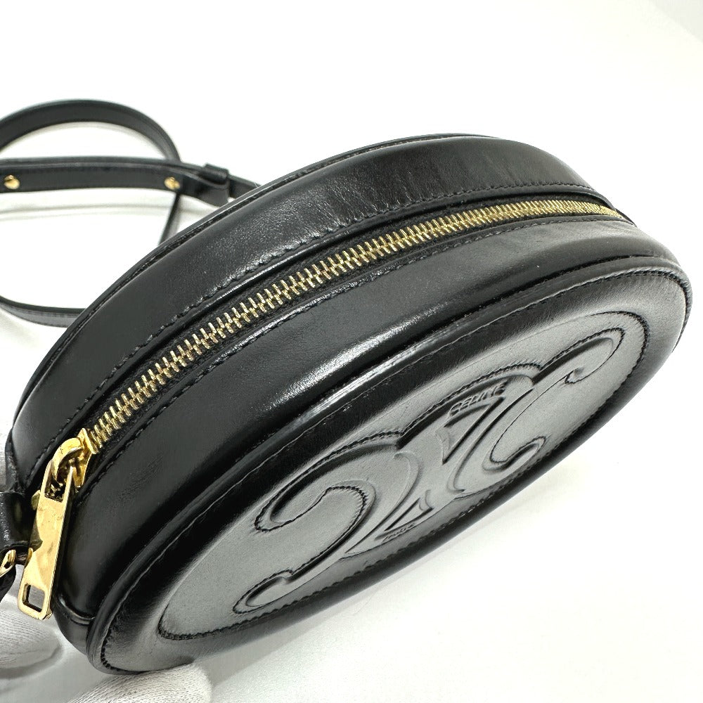 CELINE Shoulder Bag leather black Triomphe Oval Purse Cuir Women Used Authentic