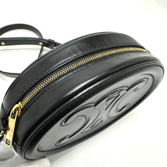 CELINE Shoulder Bag leather black Triomphe Oval Purse Cuir Women Used Authentic