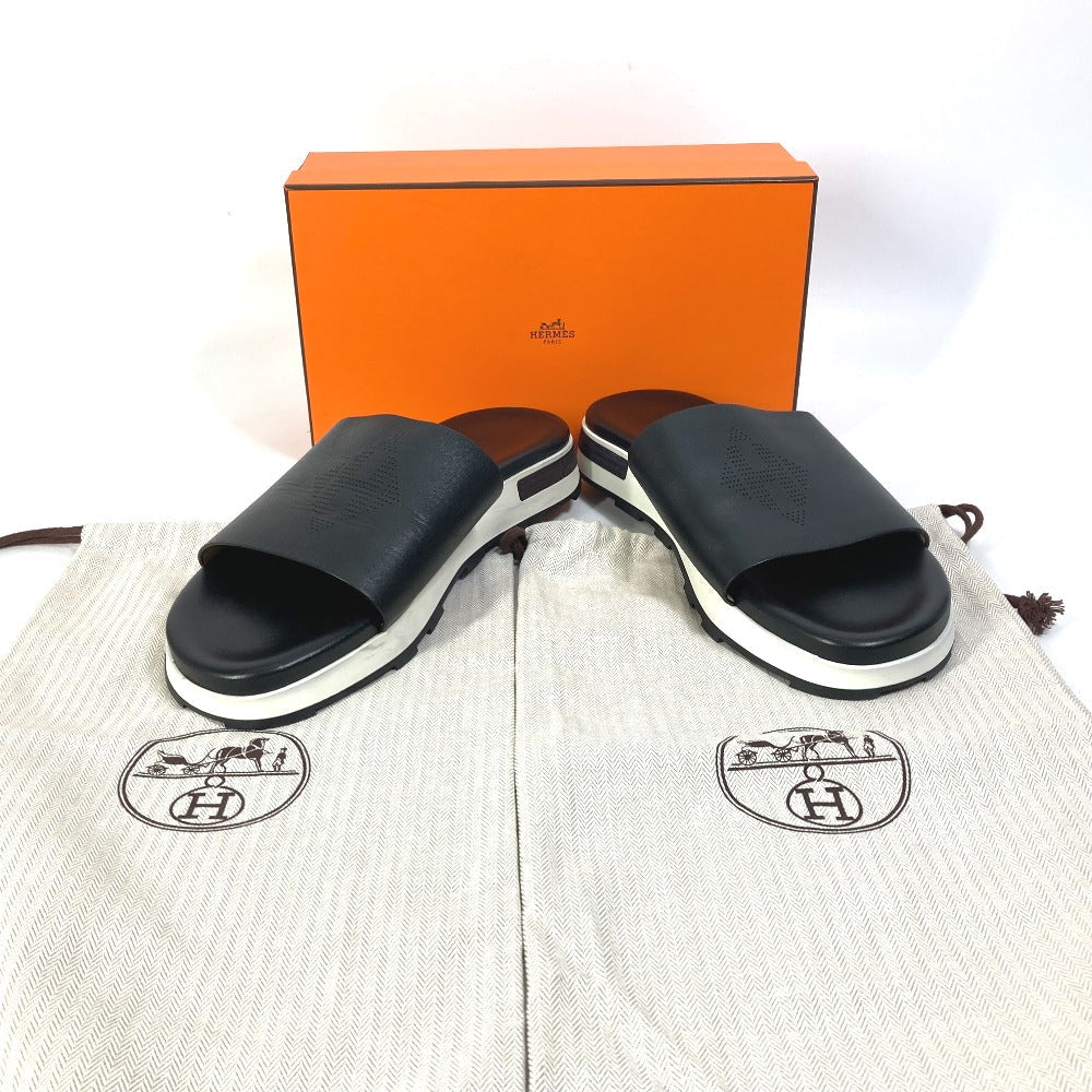 HERMES Sandals leather black Punching H 41.5
