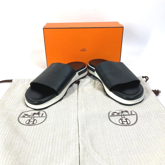 HERMES Sandals leather black Punching H 41.5