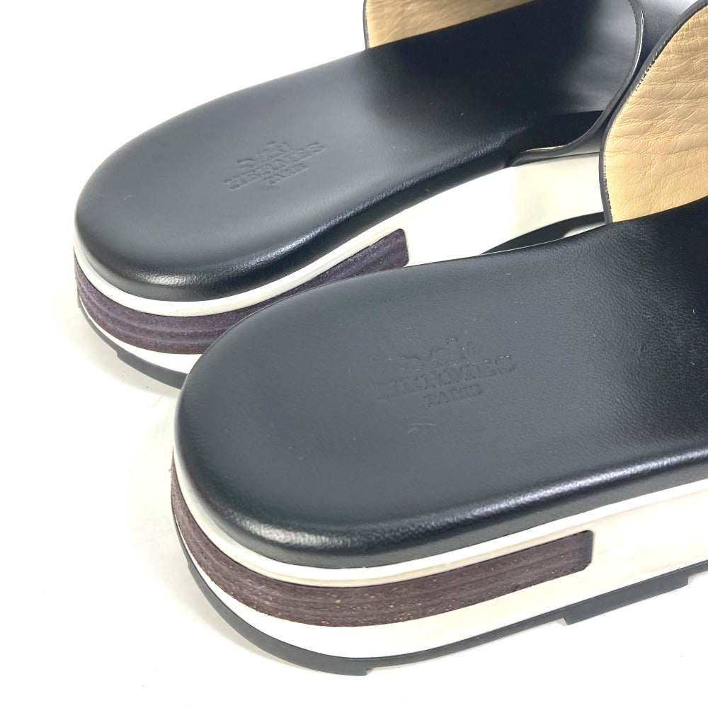 HERMES Sandals leather black Punching H 41.5