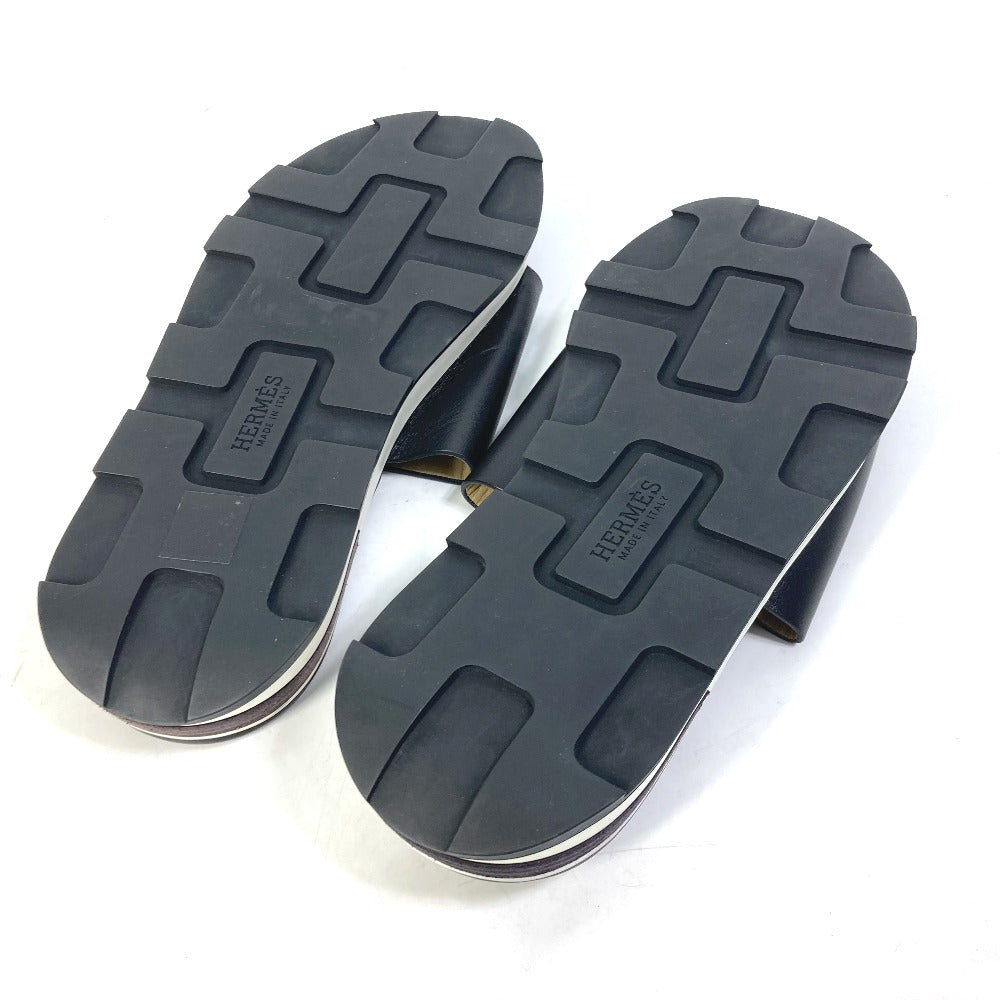 HERMES Sandals leather black Punching H 41.5