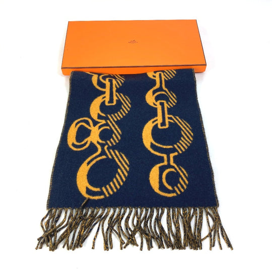 HERMES Scarf cashmere Navy dress buckle Women Used Authentic