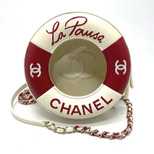 CHANEL Shoulder Bag AS0209 Lambskin, Plastics White / red COCO Mark CC round small Women Used Authentic