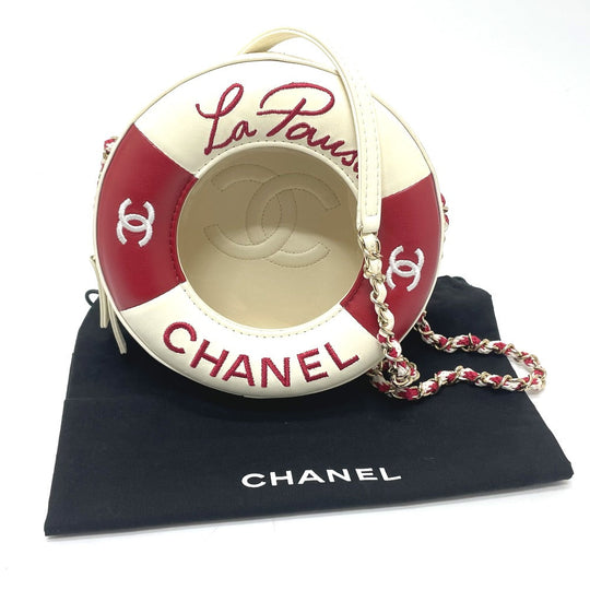 CHANEL Shoulder Bag AS0209 Lambskin, Plastics White / red COCO Mark CC round small Women Used Authentic