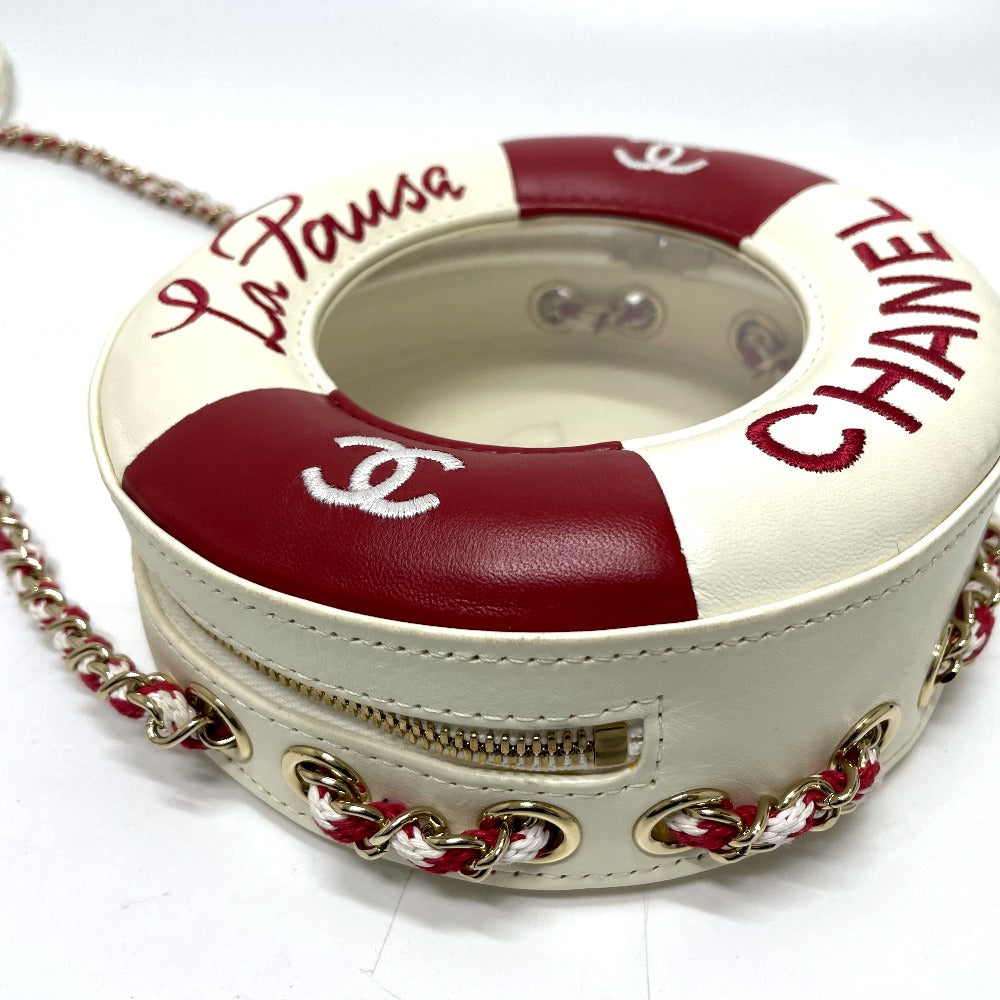 CHANEL Shoulder Bag AS0209 Lambskin, Plastics White / red COCO Mark CC round small Women Used Authentic