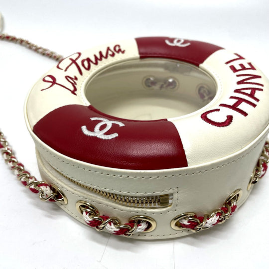 CHANEL Shoulder Bag AS0209 Lambskin, Plastics White / red COCO Mark CC round small Women Used Authentic