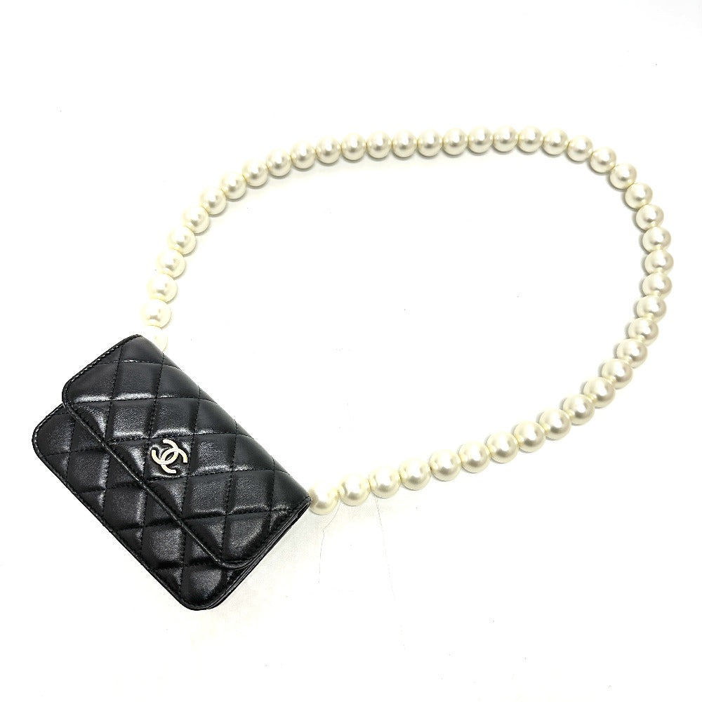 CHANEL Shoulder Bag lambskin black CC COCO Mark Pearl Shoulder Women Used Authentic