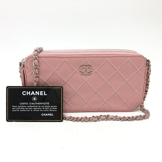 CHANEL Shoulder Bag A82527 lambskin pink CC COCO Mark Matelasse Wild Stitch Women Used Authentic