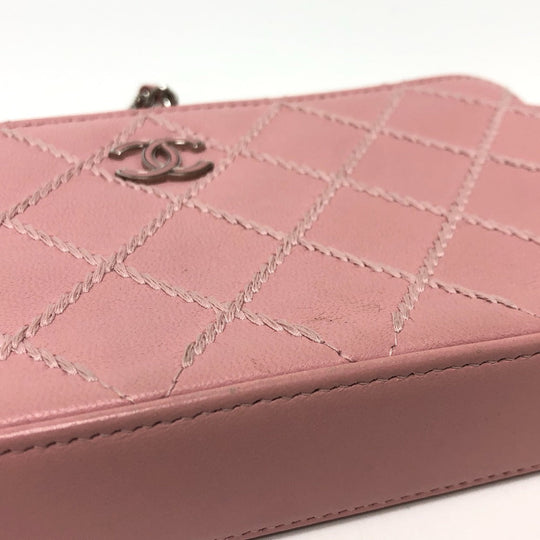 CHANEL Shoulder Bag A82527 lambskin pink CC COCO Mark Matelasse Wild Stitch Women Used Authentic