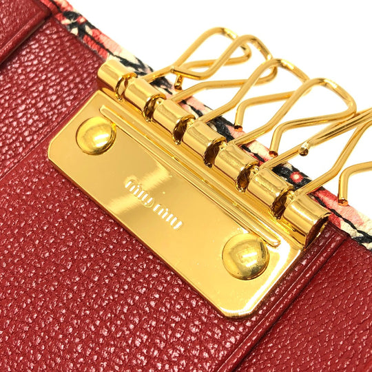 MIUMIU Key case Key holder  leather Red Logo Floral pattern six hooks Women Used Authentic