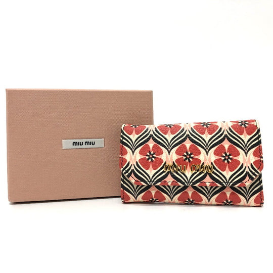 MIUMIU Key case Key holder  leather Red Logo Floral pattern six hooks Women Used Authentic