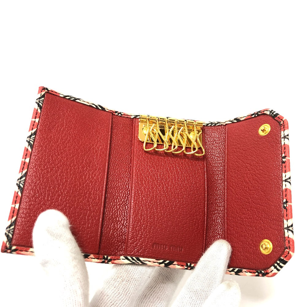 MIUMIU Key case Key holder  leather Red Logo Floral pattern six hooks Women Used Authentic