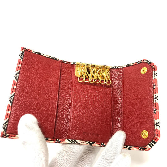 MIUMIU Key case Key holder  leather Red Logo Floral pattern six hooks Women Used Authentic