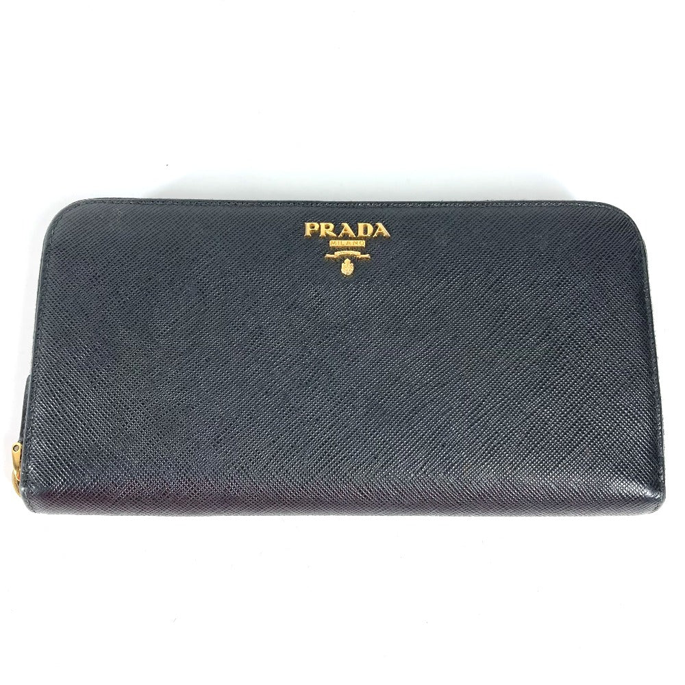 PRADA Long Wallet Purse Safiano leather black logo Zip Around Women Used Authentic