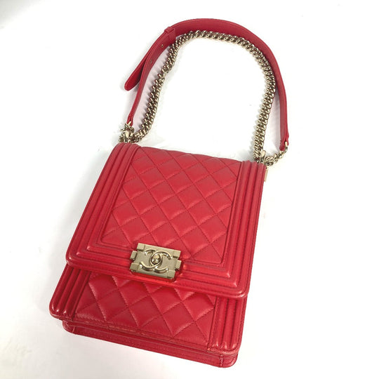 CHANEL Shoulder Bag leather Red CC COCO Mark Quilting Matelasse Vertical Boy Chanel Women Used Authentic