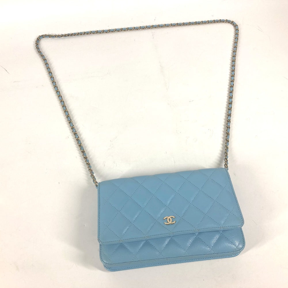 CHANEL Shoulder Bag AP0250 Caviar skin Light blue CCCOCO Mark Matelasse Timeless Classic Women Used Authentic