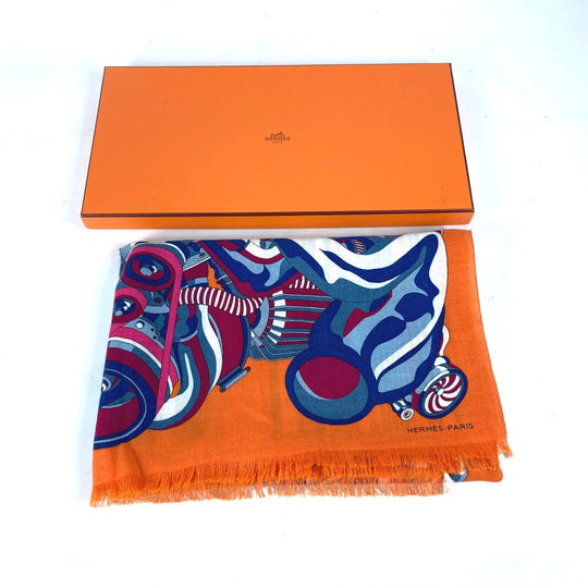 HERMES Scarf Cashmere, Silk Orange fringe shawl stole Rectangle Women(Unisex) Used Authentic