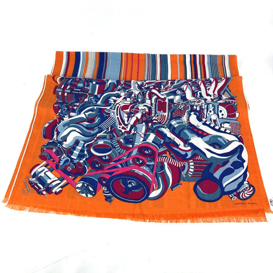 HERMES Scarf Cashmere, Silk Orange fringe shawl stole Rectangle Women(Unisex) Used Authentic