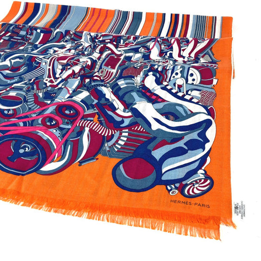 HERMES Scarf Cashmere, Silk Orange fringe shawl stole Rectangle Women(Unisex) Used Authentic
