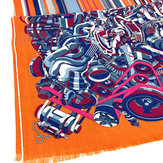 HERMES Scarf Cashmere, Silk Orange fringe shawl stole Rectangle Women(Unisex) Used Authentic