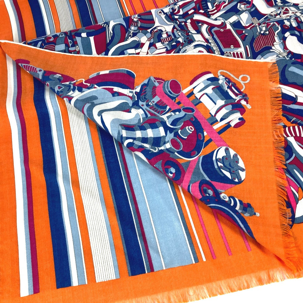 HERMES Scarf Cashmere, Silk Orange fringe shawl stole Rectangle Women(Unisex) Used Authentic