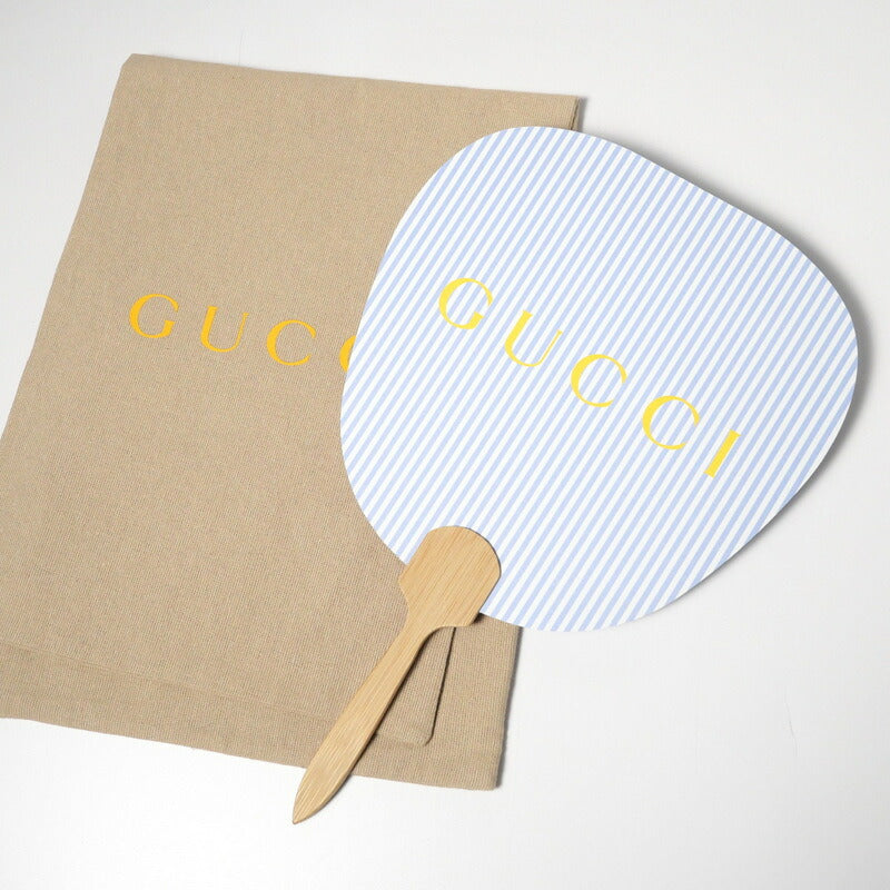 GUCCI Other miscellaneous goods Bamboo, Paper Light blue Stripe Pattern logo: Yellow Uchiwa fan Women(Unisex) Used Authentic