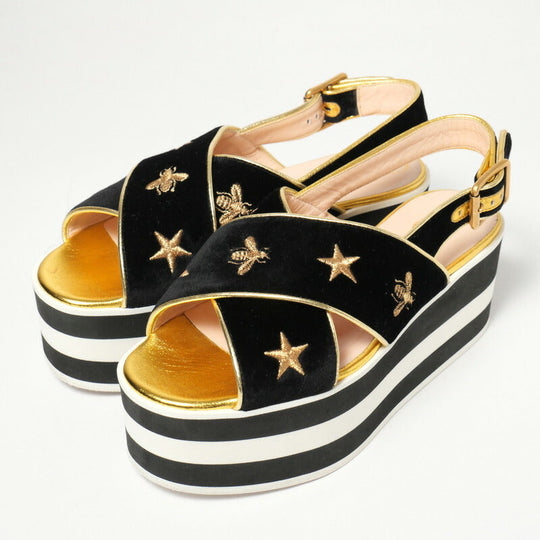 GUCCI Sandals velvet Black / white / gold Women 34 1/2 Used Authentic